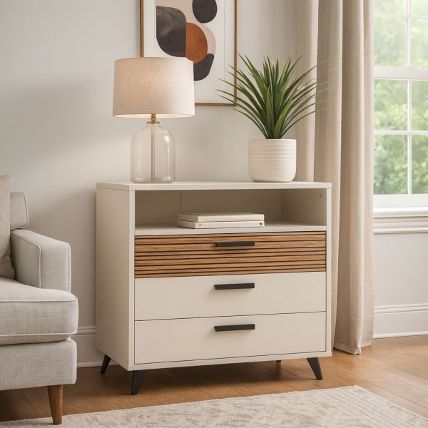 Vista ambientata Cassettiera camera da letto in legno colore "Cannettato/Cashmere" con 3 cassetti 