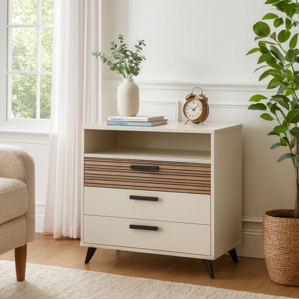 Vista ambientata Cassettiera camera da letto in legno colore "Cannettato/Cashmere" con 3 cassetti 