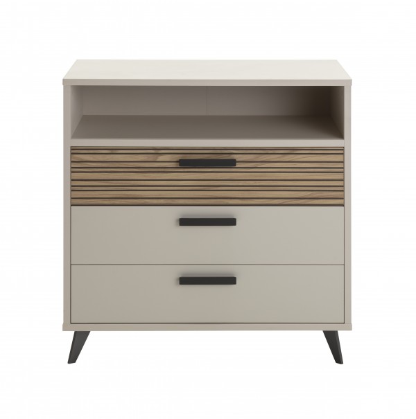 Vista frontale Cassettiera ufficio in legno colore "Cannettato/Cashmere" con 3 cassetti 