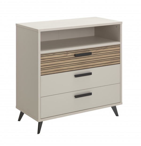 Vista diagonale Cassettiera camera da letto in legno colore "Cannettato/Cashmere" con 3 cassetti 