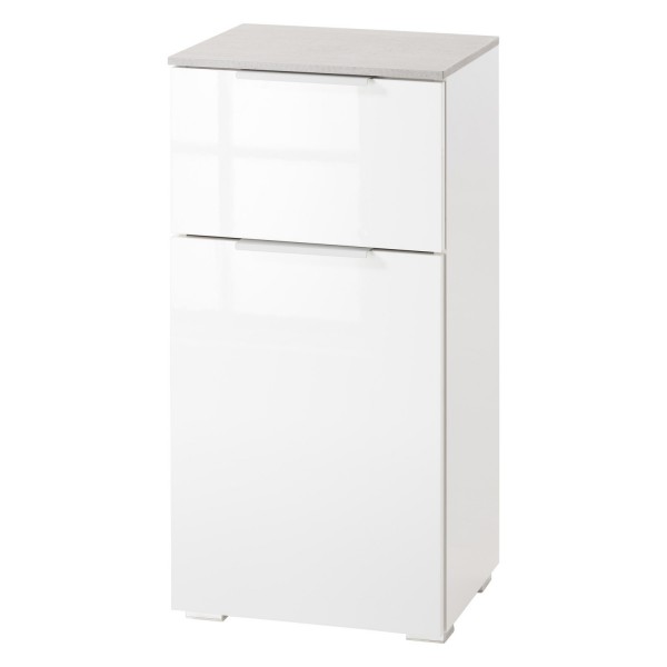 vista diagonale mobile colonna bagno 1 anta e 1 cassetto cemento/bianco laccato modello Orbis Totò Piccinni