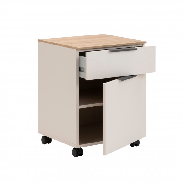 Vista diagonale con ante e cassetto aperti Cassettiera in legno con 1 anta e 1 cassetto con ruote colore "cashmere/rovere artisan" modello Haven Totò Piccinni 