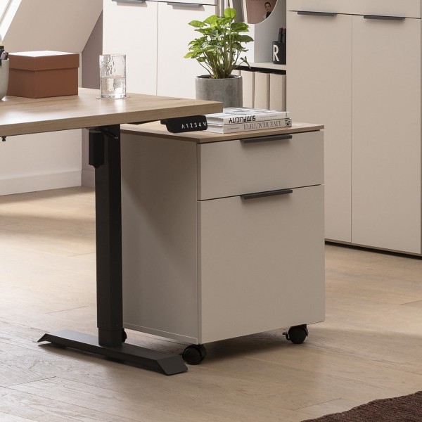 Vista ambientata Cassettiera in legno con 1 anta e 1 cassetto con ruote colore "cashmere/rovere artisan" modello Haven Totò Piccinni 