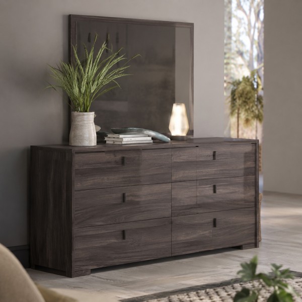 Vista ambientata Cassettiera in legno 6 cassetti colore "olmo jarez/grigio laccato" 138x45x85h modello Alma Totò Piccinni 