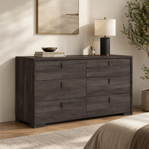 Vista ambientata Cassettiera in legno 6 cassetti colore "olmo jarez/grigio laccato" 138x45x85h modello Alma Totò Piccinni 