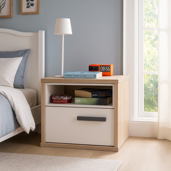 Comodino in legno colore rovere artisan/cashemere lucido 1 cassetto e 1 vano modello Nadir Totò Piccinni