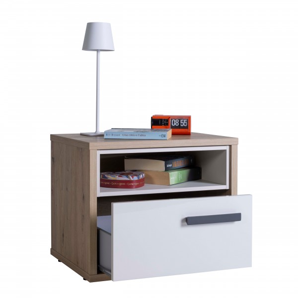 Comodino in legno colore rovere artisan/cashemere lucido 1 cassetto e 1 vano modello Nadir Totò Piccinni