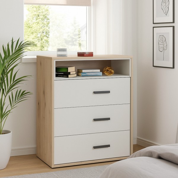 Vista ambientata Cassettiera in legno colore Rovere artisan/Cashmere lucido 3 cassetti e 1 vano modello Nadir Totò Piccinni