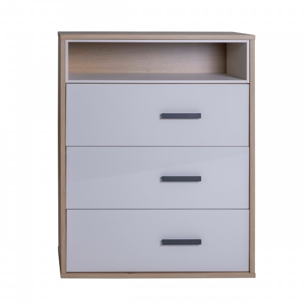 Vista frontale Cassettiera in legno colore Rovere artisan/Cashmere lucido 3 cassetti e 1 vano modello Nadir Totò Piccinni