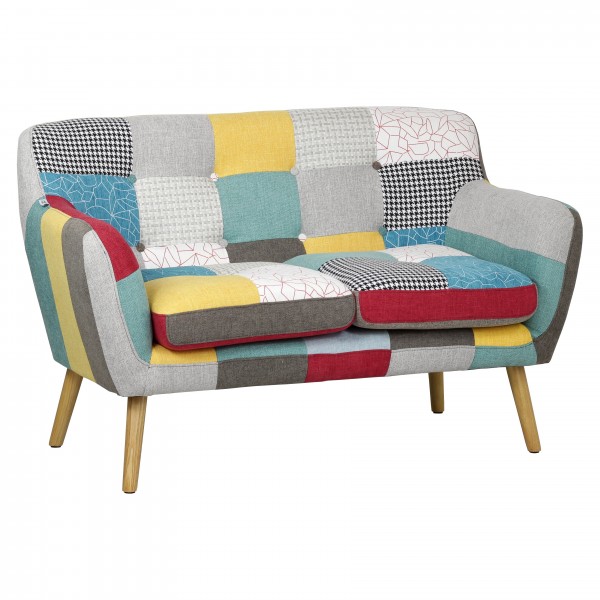 Vista diagonale Divano 2 posti in tessuto con piedini in legno naturale colore "patchwork" modello Trikola Totò Piccinni