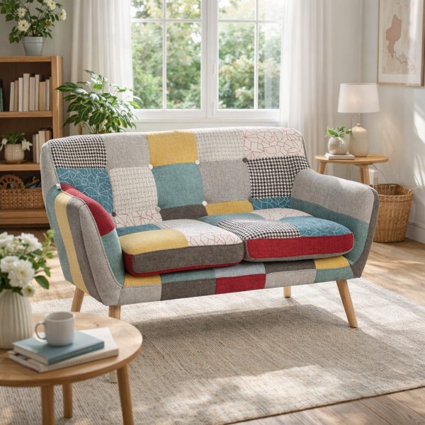 Vista ambientata Divano 2 posti in tessuto con piedini in legno naturale colore "patchwork" modello Trikola Totò Piccinni