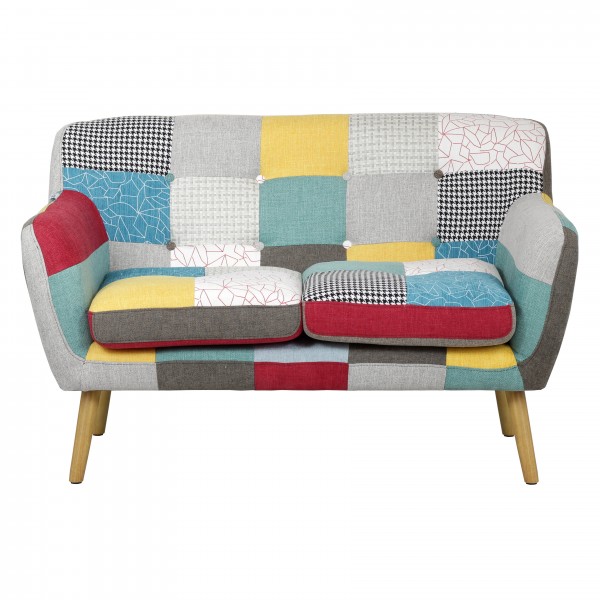 Vista frontale Divano 2 posti in tessuto con piedini in legno naturale colore "patchwork" modello Trikola Totò Piccinni