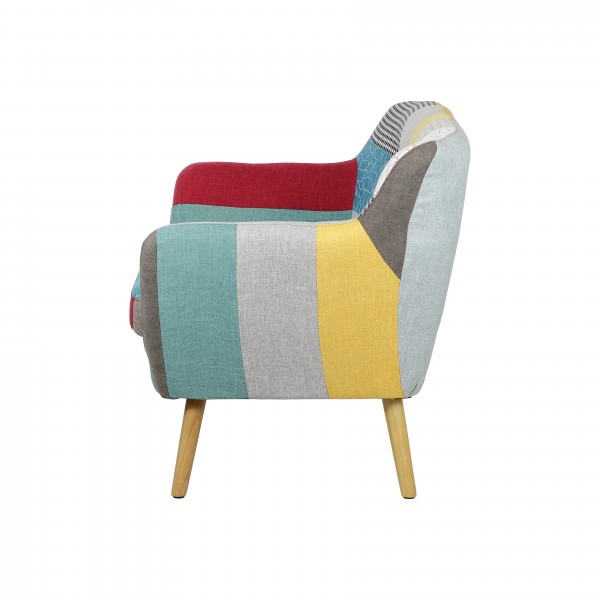 Vista laterale Divano 2 posti in tessuto con piedini in legno naturale colore "patchwork" modello Trikola Totò Piccinni