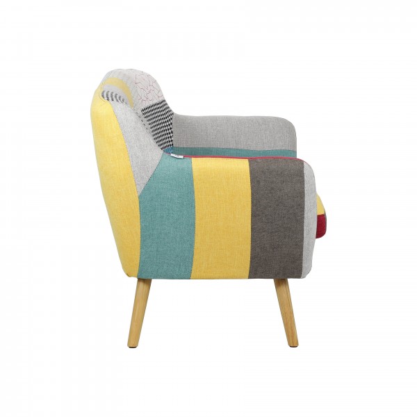 Vista laterale Divano 2 posti in tessuto con piedini in legno naturale colore "patchwork" modello Trikola Totò Piccinni