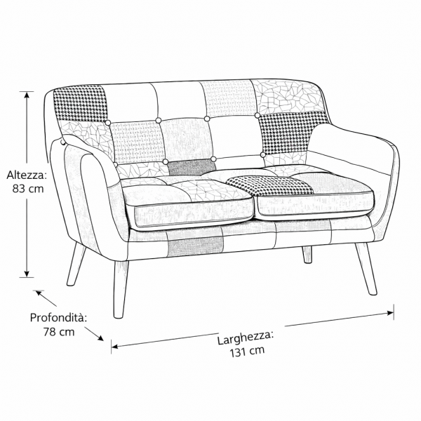 Specifica dimensioni Divano 2 posti in tessuto con piedini in legno naturale colore "patchwork" modello Trikola Totò Piccinni
