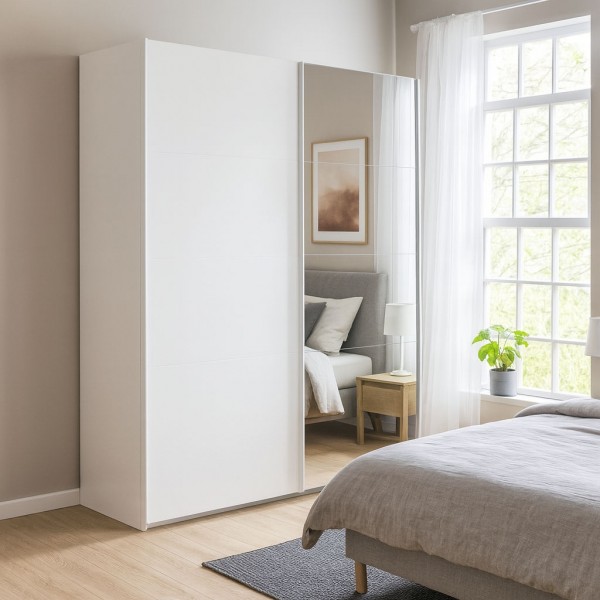 Vista ambientata con ante chiuse Armadio moderno in legno struttura Rovere Artisan con 2 ante scorrevoli, 1 Bianco Opaco e 1 a Specchio modello Sliding Totò Piccinni