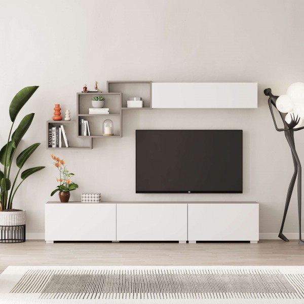 Vista frontale ambientato Parete TV in Legno con 4 ante e 4 vani modello Quadra Totò Piccinni
