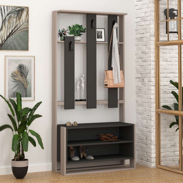 Vista ambientata Mobile Ingresso in Legno appendiabiti con 3 ganci e 2 vani modello Brando Totò Piccinni