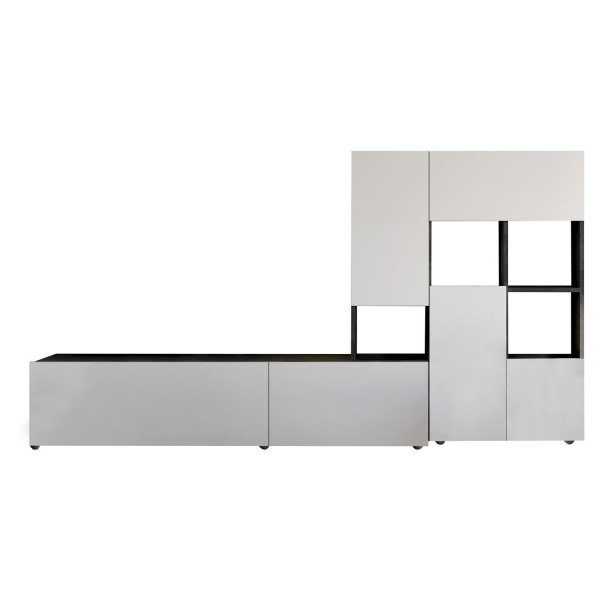 Vista frontale Pareta attrezzata moderna in legno colore "Bianco Laccato/Grigio Cemento" modello Sfera Totò Piccinni