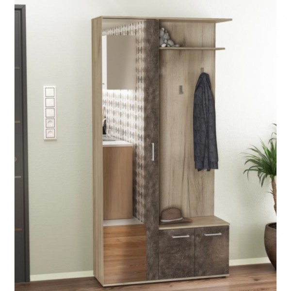Mobile ingresso Appendiabiti colore "Rovere Grigio/Cemento" con 1 anta a specchio, 2 ante e 2 ganci Totò Piccinni