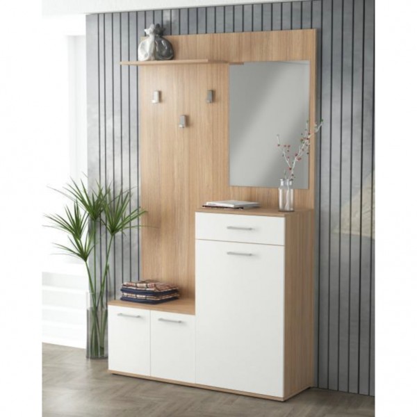 Mobile ingresso appendiabiti con specchio colore "Rovere/Bianco" con 1 cassetto, 3 ganci e 3 ante Totò Piccinni