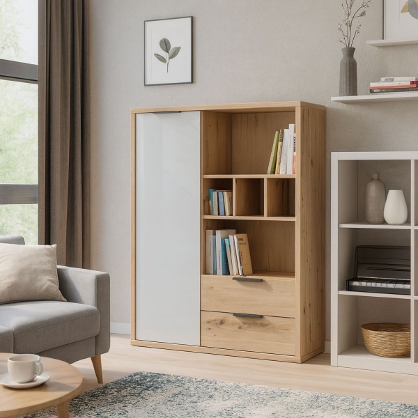 Vista ambientata Libreria da parete in legno colore "Rovere Artisan/Grigio Laccato" con 1 anta e 2 cassetti modello Aura Totò Piccinni