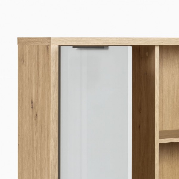 Dettaglio Libreria da parete in legno colore "Rovere Artisan/Grigio Laccato" con 1 anta e 2 cassetti modello Aura Totò Piccinni