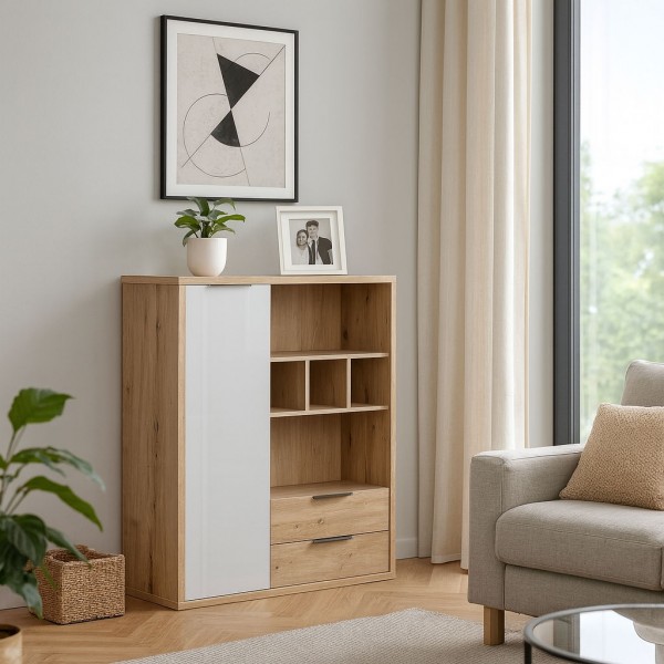 Vista ambientata Libreria da parete in legno colore "Rovere Artisan/Grigio Laccato" con 1 anta e 2 cassetti modello Aura Totò Piccinni