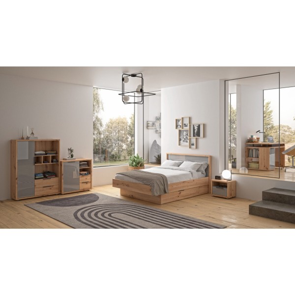 Vista ambientata Libreria in legno colore "Rovere Artisan/Grigio Laccato" con 1 anta e 2 cassetti modello Aura Totò Piccinni