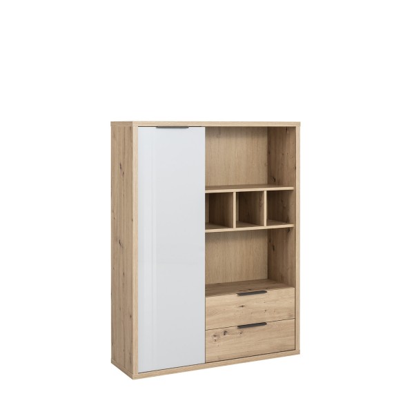 Vista diagonale Libreria da parete in legno colore "Rovere Artisan/Grigio Laccato" con 1 anta e 2 cassetti modello Aura Totò Piccinni