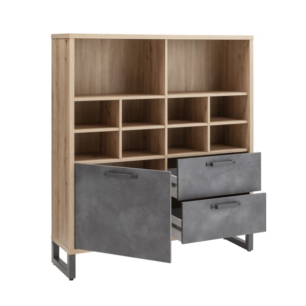 Vista diagonale con ante aperte Libreria a giorno in legno colore "Rovere Artisan/Grigio Cemento" 1 ante e 2 cassetti modello Sylva Totò Piccinni