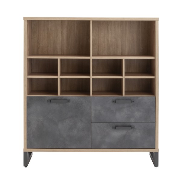 Vista frontale Libreria moderna in legno colore "Rovere Artisan/Grigio Cemento" 1 ante e 2 cassetti modello Sylva Totò Piccinni