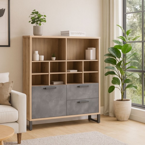 Vista ambientata Mobile libreria in legno colore "Rovere Artisan/Grigio Cemento" 1 ante e 2 cassetti modello Sylva Totò Piccinni