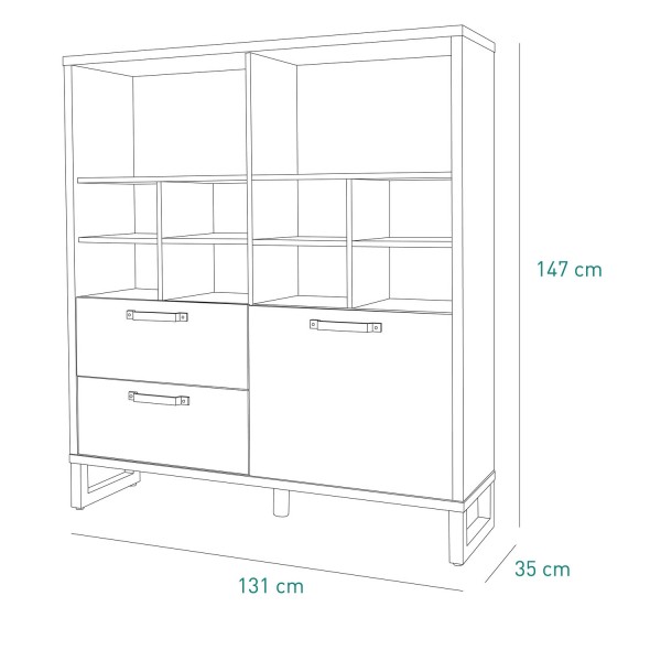 Specifica dimensioni Libreria in legno colore "Rovere Artisan/Grigio Cemento" 1 ante e 2 cassetti modello Sylva Totò Piccinni
