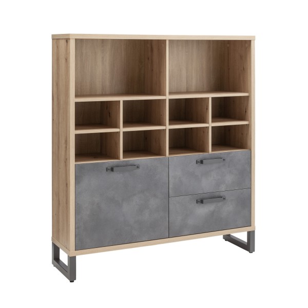 Vista diagonale Mobile libreria in legno colore "Rovere Artisan/Grigio Cemento" 1 ante e 2 cassetti modello Sylva Totò Piccinni