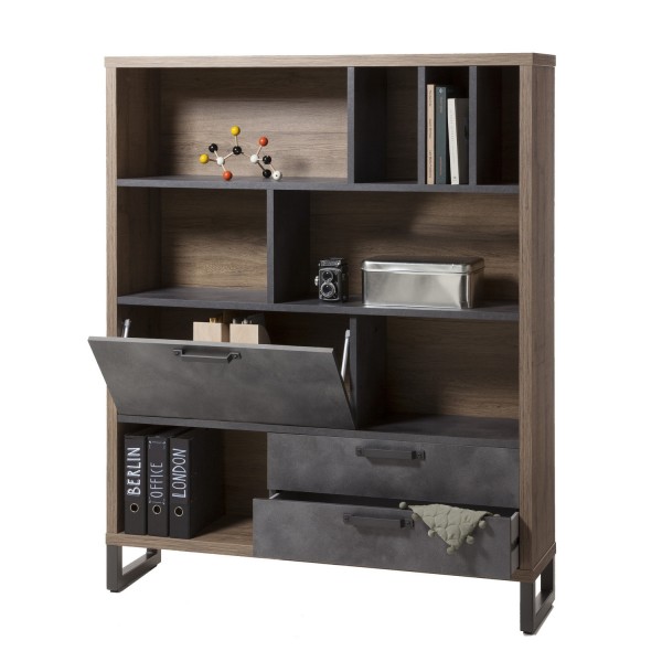 Vista diagonale Libreria a giorno in legno colore "Rovere Invecchiato/Grigio Cemento" con 2 cassetti, 8 vani e 1 ribalta modello Sylva Totò Piccinni