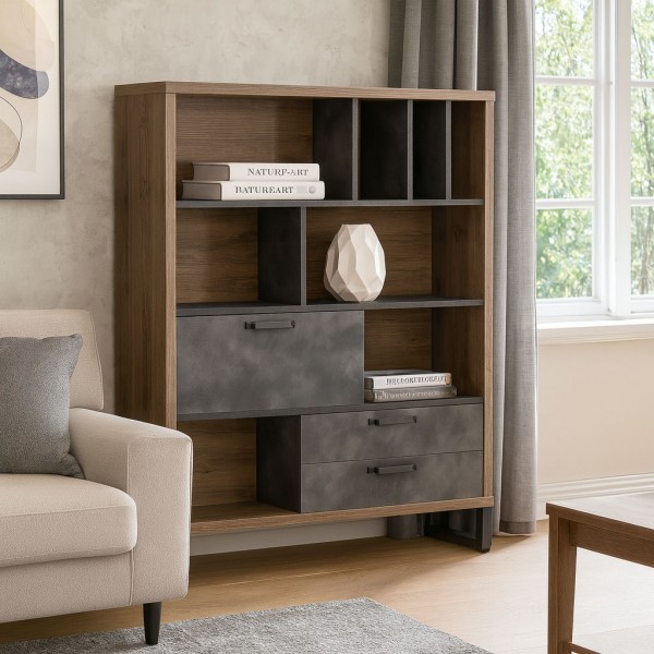 Vista ambientata Mobile libreria in legno colore "Rovere Invecchiato/Grigio Cemento" con 2 cassetti, 8 vani e 1 ribalta modello Sylva Totò Piccinni