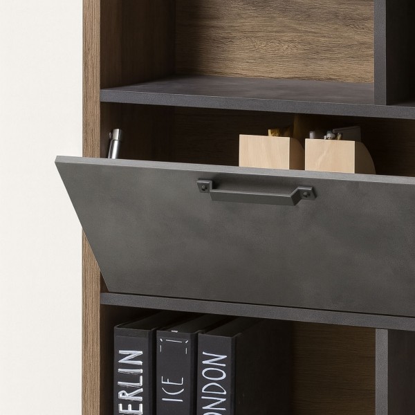 Dettaglio Mobile libreria in legno colore "Rovere Invecchiato/Grigio Cemento" con 2 cassetti, 8 vani e 1 ribalta modello Sylva Totò Piccinni