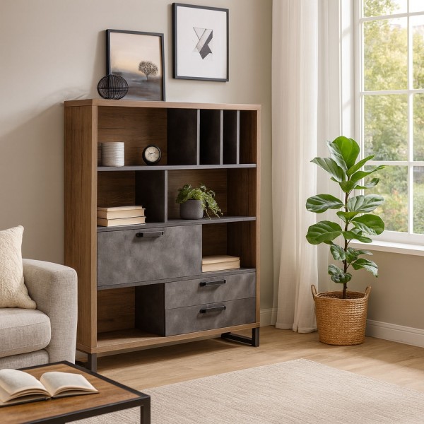 Vista ambientata Mobile libreria in legno colore "Rovere Invecchiato/Grigio Cemento" con 2 cassetti, 8 vani e 1 ribalta modello Sylva Totò Piccinni