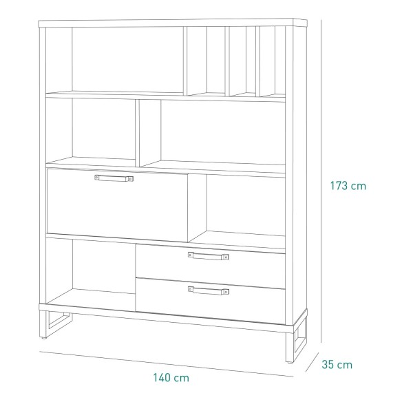 Specifica dimensioni Libreria legno in legno colore "Rovere Invecchiato/Grigio Cemento" con 2 cassetti, 8 vani e 1 ribalta modello Sylva Totò Piccinni