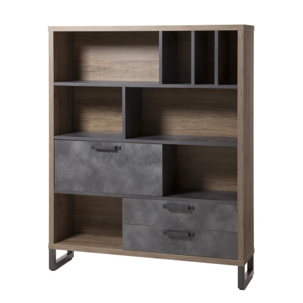 Vista diagonale Mobile libreria in legno colore "Rovere Invecchiato/Grigio Cemento" con 2 cassetti, 8 vani e 1 ribalta modello Sylva Totò Piccinni