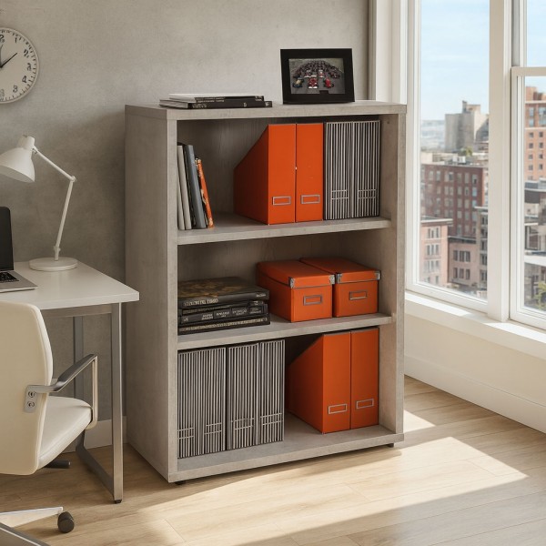 Vista ambientata Libreria in legno colore Cemento con 3 vani modello Toronto Totò Piccinni