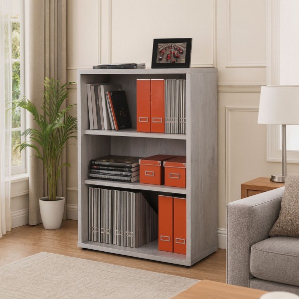 Vista ambientata Libreria in legno colore Cemento con 3 vani modello Toronto Totò Piccinni