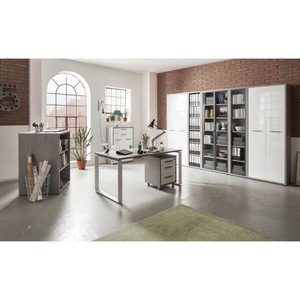 Vista ambientata Libreria moderna in legno colore Cemento con 3 vani modello Toronto Totò Piccinni