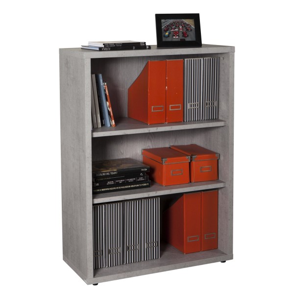 Vista diagonale Libreria in legno colore Cemento con 3 vani modello Toronto Totò Piccinni