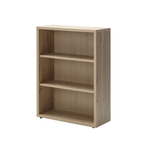 Vista diagonale Libreria a giorno in legno colore Rovere Miele con 2 ripiani modello Toronto Totò Piccinni