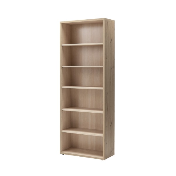 Vista diagonale Libreria moderna in legno colore Rovere Miele 5 ripiani modello Toronto Totò Piccinni