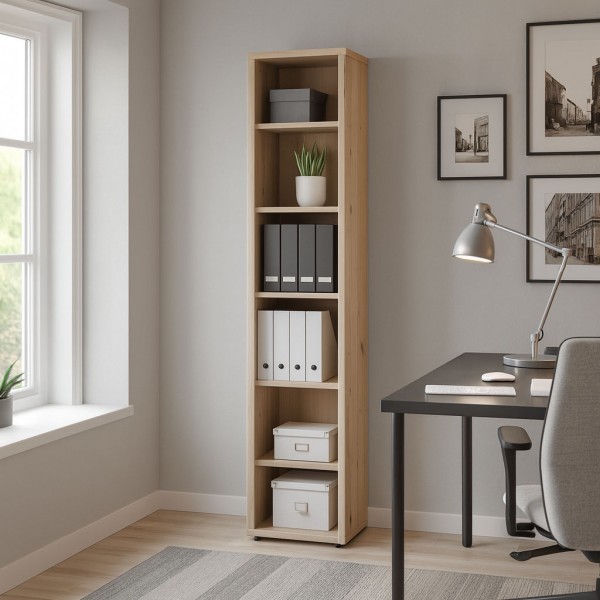 Vista ambientata Libreria classica in legno colore Rovere Miele con 5 ripiani modello Toronto Totò Piccinni