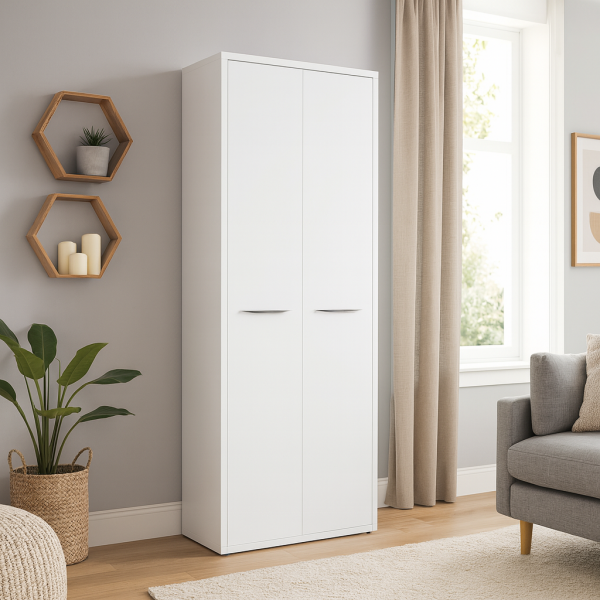 Vista ambientata Armadio moderno in legno colore Bianco Laccato 2 ante e 6 vani modello Toronto Totò Piccinni
