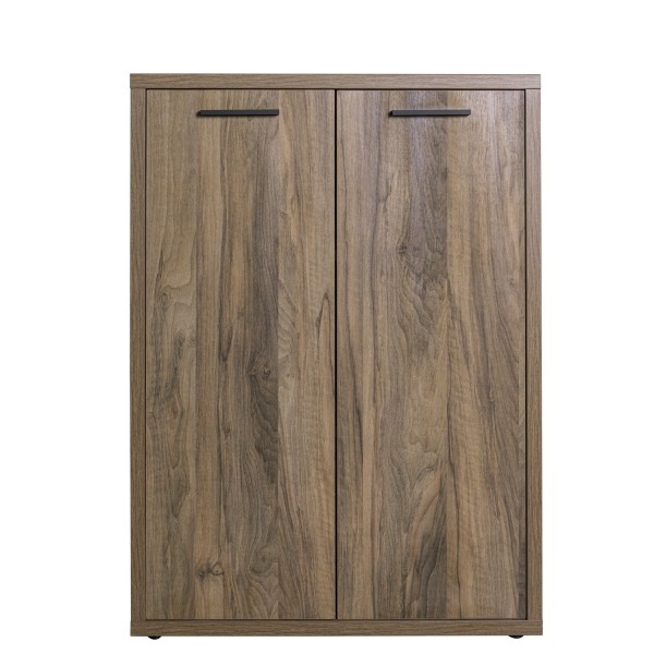 Vista frontale Mobile contenitore moderno  in legno colore Noce Brera con 2 ante e 2 ripiani modello Bali Totò Piccinni